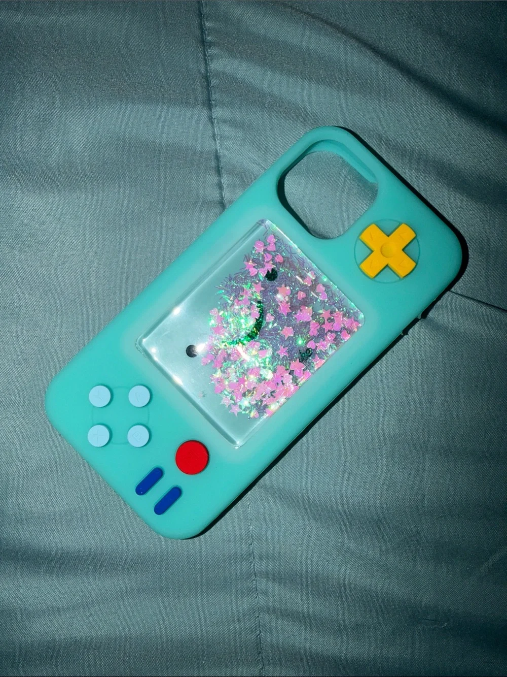 Silicone Game Console Style Phone Case with Glitter Screen - Teal **IPHONE15